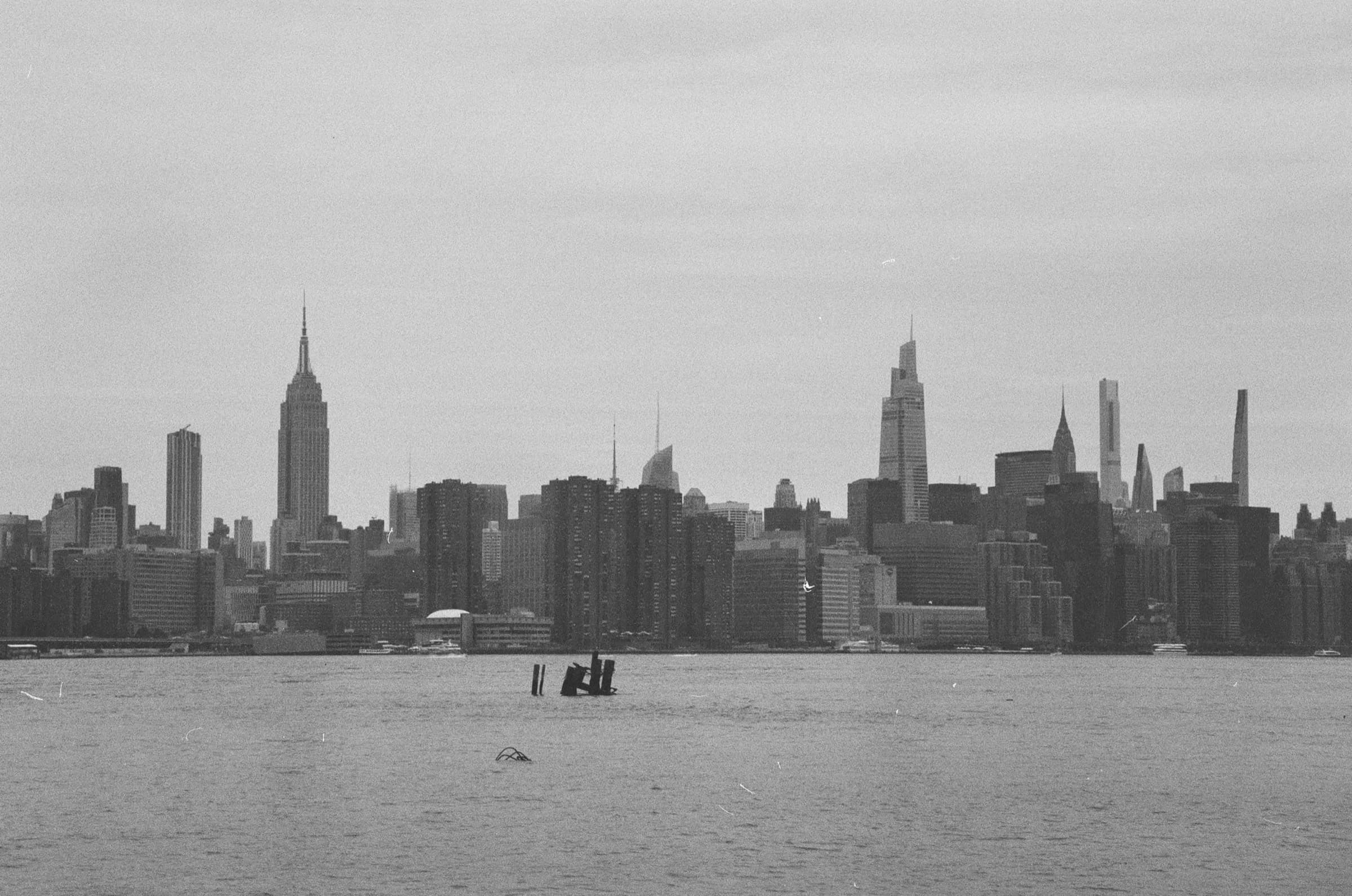 Manhattan skyline across the East River, shot on black-and-white film